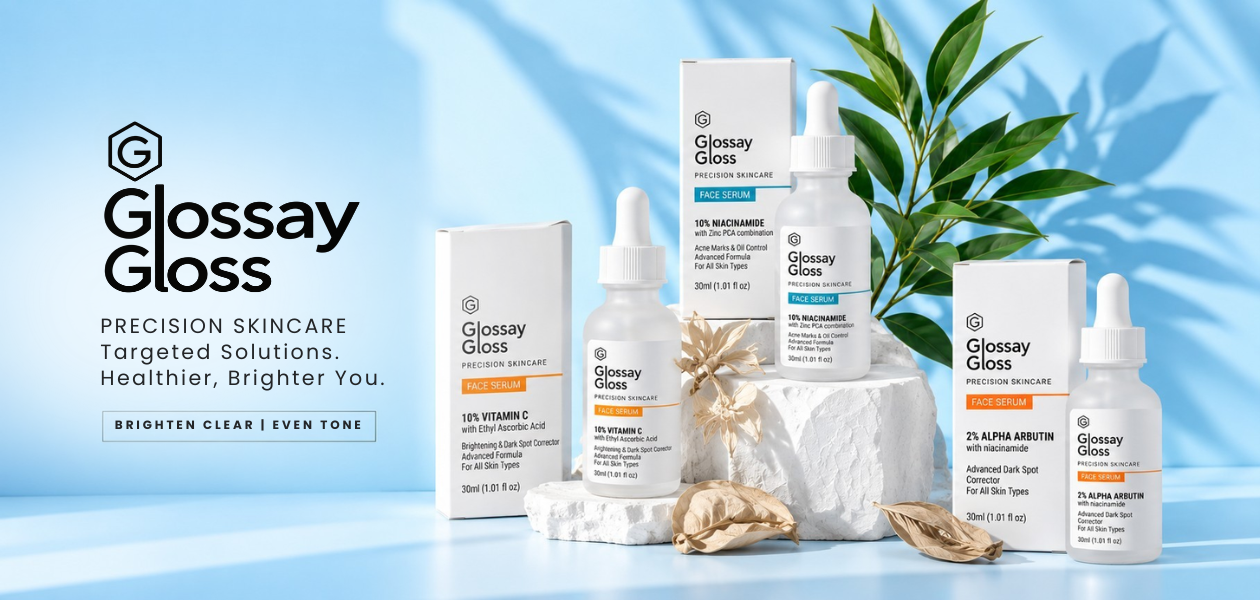 Glossay Gloss 10% Niacinamide, Vitamin C and Alpha Arbutin face serums on display for healthier brighter skin